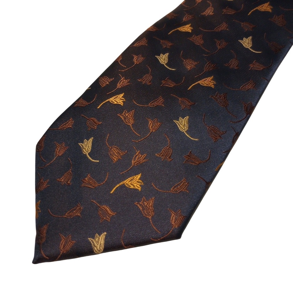 Robin Ruth Mens‎ Navy Blue Gold Tulip Floral Pattern Jacquard Satin Necktie Tie